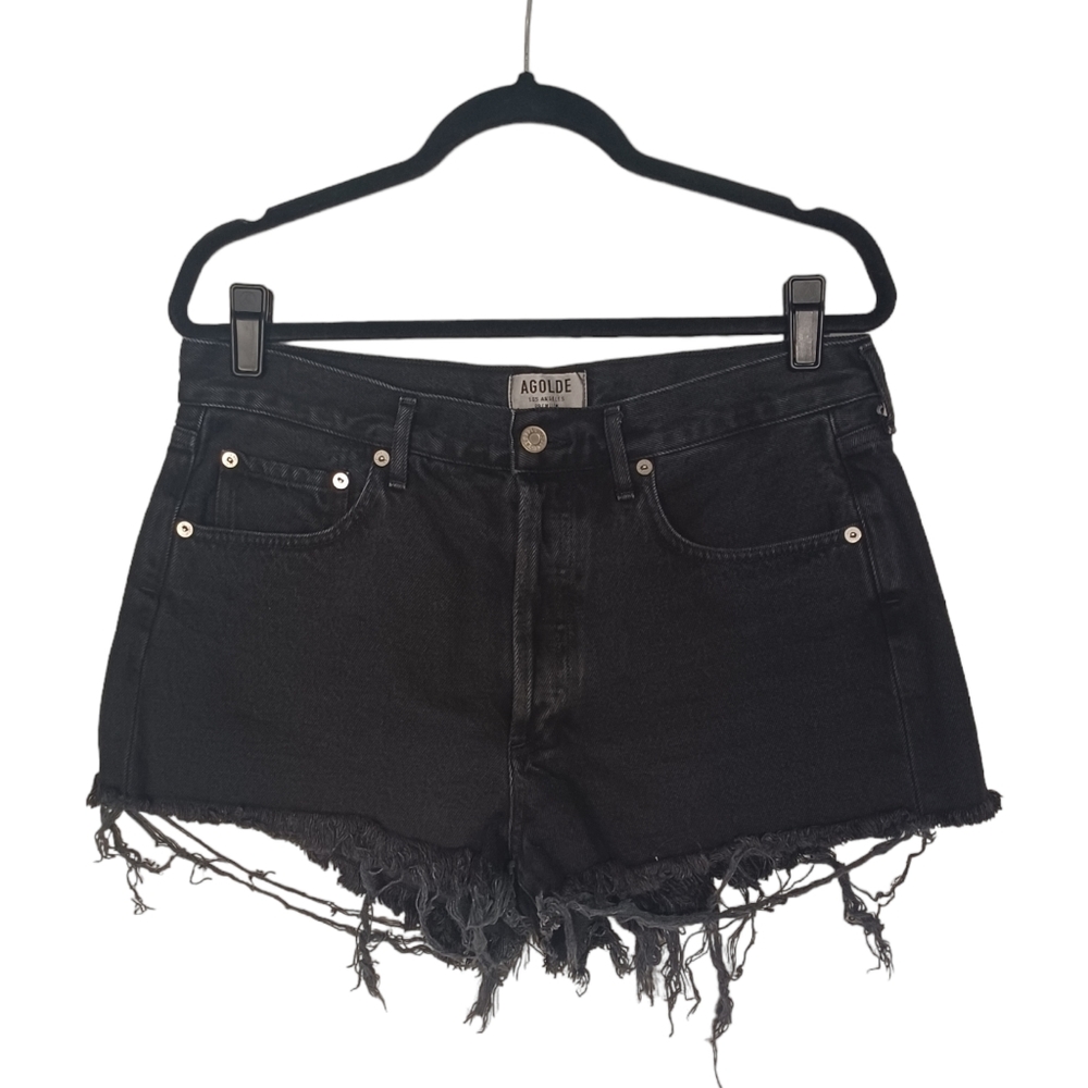 AGOLDE Black Distressed Raw Hem Button Fly Denim Jean Shorts 29